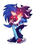  2015 alternate_costume anthro black_body black_fur blue_body blue_fur blush bottomwear clothing duo eulipotyphlan footwear fur hand_holding hedgehog jeans male male/male mammal pants shadow_the_hedgehog shirt shoes simple_background smile sneakers sonic_the_hedgehog sonic_the_hedgehog_(series) spacecolonie topwear varsity_jacket white_background 