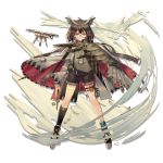  1girl angry anklet arknights bird bob_cut brown_hair cape choker cloak drone elite_ii_(arknights) facing_viewer feathered_wings feathers glasses glowing glowing_eyes high_collar jewelry lanyard norizc official_art owl red_cape shorts silence_(arknights) single_wing sweater vial visible_air wind wind_lift wings 