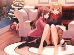  2girls barefoot brown_eyes brown_hair christmas long_hair munseonghwa original thighhighs 