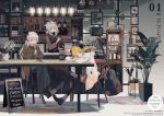  3girls apron arknights blonde_hair boots cake casual chair coat coffee coffee_shop comfy doughnut feathers food glass guitar highres horns ifrit_(arknights) instrument looking_at_another looking_at_viewer modern_architecture multiple_girls pale_skin pantyhose picture_(object) picture_frame plant platinum_blonde_hair ptilopsis_(arknights) red_eyes saria_(arknights) scarf shelf sign snack table yellow_eyes youamo 