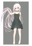  1girl aties20 bangs bare_arms bare_shoulders barefoot black_choker black_dress blue_eyes blush choker closed_mouth collarbone commentary_request dress eyebrows_visible_through_hair full_body grey_background hair_between_eyes hands_up ia_(vocaloid) long_hair silver_hair sleeveless sleeveless_dress solo standing two-tone_background very_long_hair vocaloid white_background 