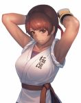  1girl armpits breasts brown_eyes brown_hair commentary_request dougi fingerless_gloves gloves headband highres looking_at_viewer open_mouth ranma_(kamenrideroz) ryuuko_no_ken short_hair simple_background smile solo the_king_of_fighters white_background yuri_sakazaki 