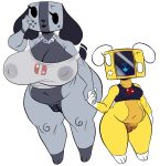  2020 3_toes absurd_res animate_inanimate anthro beady_eyes belly big_breasts black_nose bottomless breasts canid canine cleavage clitoris clothed clothing countershading crop_top duo eyelashes female floppy_ears front_view genitals grey_body hand_holding hand_on_cheek hi_res huge_breasts isolatedartest jewelry larger_female mammal mature_female navel necklace nintendo nintendo_switch nintendo_switch_lite nipple_outline overweight overweight_female partially_clothed pussy shirt short_stack size_difference slightly_chubby smaller_female smile standing switch_dog switch_puppy thick_thighs toes topwear translucent translucent_clothing translucent_shirt translucent_topwear video_games wide_hips yellow_body 