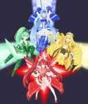  4girls ahoge aqua_eyes armor armpits arms_up bare_shoulders black_background blonde_hair blue_eyes blue_theme breasts dress drill_hair frills fumirl gauntlets glowing greaves green_eyes green_hair green_theme highres huge_weapon japanese_clothes large_breasts long_hair multiple_girls open_mouth ponytail red_theme smile sunrise_stance sword thighhighs twin_drills twintails very_long_hair vividblue vividgreen vividred vividred_operation vividyellow weapon white_legwear yellow_eyes yellow_theme 