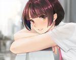 1girl arm_support bangs blurry blurry_background brown_eyes commentary_request day depth_of_field eyebrows_visible_through_hair from_side iwanishi looking_at_viewer looking_to_the_side original parted_lips pink_neckwear purple_eyes short_hair short_sleeves smile solo upper_body window windowsill 