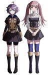  2girls ahoge belt bernadetta_von_varley bike_shorts blue_legwear boots closed_mouth danganronpa fire_emblem fire_emblem:_three_houses garreg_mach_monastery_uniform grey_eyes highres hilda_valentine_goneril hood hood_down knee_boots komatsuzaki_rui_(style) long_hair long_sleeves multiple_girls pink_eyes pink_hair purple_hair short_hair simple_background smile sozzaydr thighhighs twintails uniform white_background 