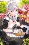  1boy 1girl apron black_dress blonde_hair bow breasts cleavage coffee_pot collar cup doughnut dress earrings finger_to_mouth food fork gloves grass highres jewelry kfr kneeling lap_pillow large_breasts leaf long_hair looking_at_viewer maid maid_apron maid_headdress original picnic picnic_basket plate puffy_short_sleeves puffy_sleeves red_eyes salad sandwich shirt short_sleeves shushing silver_hair sleeping sleeping_on_person white_gloves 