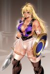  1girl bandaged_arm bandages black_footwear blonde_hair boots bowalia breasts cuts green_eyes heavy_breathing holding holding_shield holding_sword holding_weapon injury large_breasts laurel_crown long_hair muscle muscular_female no_bra see-through see-through_skirt shield sideboob skirt solo sophitia_alexandra soulcalibur standing sword thick_thighs thigh_boots thighhighs thighs torn_clothes weapon 