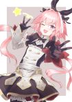  1boy astolfo_(fate) astolfo_(saber)_(fate) bangs black_bow black_gloves black_ribbon blush bow bowtie commentary_request eyebrows_visible_through_hair fang fate/grand_order fate_(series) gloves hair_bow hair_intakes hair_ribbon highres long_hair long_sleeves looking_at_viewer multicolored_hair one_eye_closed otoko_no_ko pink_background pink_hair poyano purple_eyes ribbon simple_background skin_fang smile solo star streaked_hair twintails w white_background white_hair 