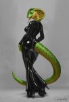  absurd_res anthro blue_eyes breasts clothing conqista dress female footwear forked_tongue hi_res high_heels non-mammal_breasts reptile rubber scalie shoes simple_background snake snake_hood solo standing tight_clothing tongue tongue_out 