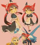  :d ^_^ apron bangs black_dress blonde_hair closed_eyes dress emerald_(pokemon) green_eyes highres latias latios legendary_pokemon long_hair looking_to_the_side maid maid_apron maid_headdress open_mouth personification pink_background pokemon pokemon_special red_eyes red_hair short_sleeves simple_background smile standing tied_hair tokuura twintails very_long_hair 