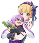  2girls asymmetrical_hair bangs blonde_hair blunt_bangs blush domino_mask eyebrows_visible_through_hair fangs green_eyes hair_ornament hat hug idolmaster idolmaster_cinderella_girls inkling long_hair looking_at_another mask miyamoto_frederica multiple_girls noumin open_mouth pointy_ears purple_eyes purple_hair short_hair splatoon_(series) tachibana_arisu tentacle_hair water_gun white_background wrist_cuffs 