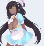  1girl absurdres alternate_costume alternate_hairstyle apron bangs black_hair blue_archive blue_background bow bowtie breasts cat_hair_ornament cleavage closed_mouth dark-skinned_female dark_skin dress frilled_dress frills gloves hair_between_eyes hair_ornament hair_ribbon halo highres karin_(blue_archive) kyuuri_(miyako) large_breasts long_hair looking_at_viewer maid_headdress ribbon simple_background solo twintails waist_apron waitress white_gloves yellow_bow yellow_bowtie yellow_eyes 