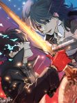  1boy 1girl amamiya_ren black_hair blue_eyes blue_hair byleth_(fire_emblem) byleth_(fire_emblem)_(female) fire_emblem fire_emblem:_three_houses from_side gloves grin highres holding holding_sword holding_weapon long_sleeves medium_hair open_mouth pantyhose persona persona_5 red_eyes red_gloves short_hair signature smile super_smash_bros. sword tang_xinzi weapon 