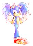  2015 alternate_hairstyle anthro blue_body blue_fur clothing double_v_sign eulipotyphlan footwear fur gesture gloves green_eyes handwear hedgehog male mammal pigtails shoes simple_background smile solo sonic_the_hedgehog sonic_the_hedgehog_(series) spacecolonie standing v_sign white_background 