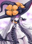  1girl abigail_williams_(fate/grand_order) areola_slip areolae bangs black_bow black_panties bow breasts claws fate/grand_order fate_(series) fengya forehead glowing glowing_eye gradient gradient_background grey_hair hat highres holding keyhole long_hair looking_at_viewer lowleg lowleg_panties multiple_bows navel orange_bow pale_skin panties parted_bangs pink_eyes polka_dot polka_dot_bow purple_background revision small_breasts solo staff thighs third_eye underwear very_long_hair witch_hat 