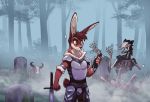  2020 5_fingers animated_skeleton anthro bone brown_hair brown_nose clothed clothing day detailed_background digital_media_(artwork) fingers forest fuckie grass graveyard hair lagomorph leporid male mammal melee_weapon outside rabbit skeleton sword teeth tree undead weapon 