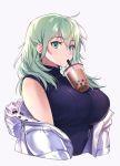  1girl backlighting blue_shirt breasts bubble_tea bubble_tea_challenge byleth_(fire_emblem) byleth_(fire_emblem)_(female) eyebrows_visible_through_hair fire_emblem fire_emblem:_three_houses green_eyes green_hair highres jacket large_breasts looking_at_viewer nasubi06 shirt simple_background upper_body white_background white_jacket 