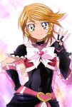  1girl black_gloves bodysuit brown_eyes brown_hair closed_mouth covered_navel cure_black earrings eyebrows_visible_through_hair fingerless_gloves futari_wa_precure futari_wa_precure_max_heart gloves hand_on_hip heart heart_earrings highres jewelry looking_at_viewer magical_girl manji_(tenketsu) misumi_nagisa precure short_hair sketch smile solo v 