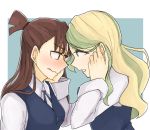  2girls blonde_hair blue_eyes blush brown_hair collared_shirt diana_cavendish embarrassed kagari_atsuko little_witch_academia long_hair low_back_painp luna_nova_school_uniform multicolored_hair multiple_girls neck_ribbon open_mouth red_eyes ribbon school_uniform shirt simple_background two-tone_background two-tone_hair uniform wavy_mouth white_shirt yuri 