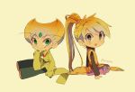  1boy 1girl :d black_pants blonde_hair boots brown_eyes collared_shirt emerald_(pokemon) flat_chest green_eyes happy looking_at_viewer open_mouth pants pink_footwear pokemon pokemon_special ponytail shirt simple_background sitting sleeves_past_wrists smile tokuura yellow_(pokemon) 