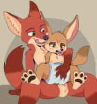  2020 anthro brown_body brown_fur canid canine diaper disney duo fangs fennec finnick fox fur green_eyes hi_res kuuneho male male/male mammal nick_wilde open_mouth orange_body orange_fur pawpads sitting tongue tongue_out touching_diaper zootopia 