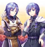  2boys armor arrow cape confused epaulettes fingerless_gloves fire_emblem fire_emblem:_three_houses garreg_mach_monastery_uniform gloves leon_(fire_emblem) long_hair look-alike looking_at_another male_focus medium_hair multiple_boys nervous ornament purple_eyes purple_hair quiver short_hair simple_background smk023 sweat uniform upper_body yuri_(fire_emblem) 