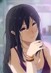  1girl black_hair blurry blurry_background bracelet breasts cleavage highres indoors jewelry long_hair looking_at_viewer medium_breasts nanashi_ato purple_nails red_eyes solo suga_natsumi tenki_no_ko upper_body 