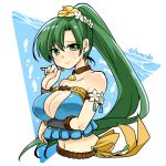  1girl blush breasts cleavage closed_mouth earrings fire_emblem fire_emblem:_the_blazing_blade fire_emblem_heroes flower green_eyes green_hair hair_flower hair_ornament jewelry large_breasts long_hair lyn_(fire_emblem) ponytail smile solo swimsuit twitter_username upper_body yukia_(firstaid0) 