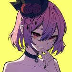  bare_shoulders choker crying elf flower hat hat_flower looking_at_viewer lucid maplestory mini_hat mini_top_hat norang_doryeong pink_butterfly pink_eyes pink_hair pointy_ears red_flower red_rose rose simple_background top_hat 