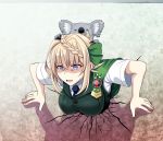  1girl 1other animal blonde_hair blue_neckwear braid braided_bun buttons cape commentary_request cracked_wall eyebrows_visible_through_hair green_cape green_vest highres kantai_collection koala necktie open_mouth perth_(kantai_collection) purple_eyes shaded_face shirt short_hair short_sleeves stuck through_wall tk8d32 trapped vest white_shirt 