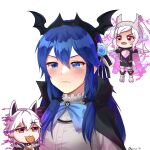  1boy 2girls alternate_costume animal_ears artist_name bangs bat_hair_ornament black_ribbon blue_eyes blue_hair blue_ribbon blush candy cape doiparuni eyebrows_visible_through_hair fake_animal_ears fake_tail fangs fire_emblem fire_emblem_awakening fire_emblem_heroes flower food grima_(fire_emblem) hair_between_eyes hair_flower hair_ornament hair_ribbon halloween_costume highres long_hair lucina_(fire_emblem) multiple_girls official_alternate_costume pout red_eyes ribbon robin_(fire_emblem) robin_(fire_emblem)_(female) robin_(fire_emblem)_(male) shirt symbol_in_eye tail tears twintails white_background white_hair white_shirt 