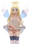  1other androgynous angel angel_wings bare_shoulders bike_shorts black_shorts blonde_hair blue_eyes bow_(bhp) broken_halo collarbone crimvael dress erection halo ishuzoku_reviewers large_penis long_hair looking_at_viewer penis pleated_dress short_dress shorts shorts_pull shorts_under_dress simple_background smile solo standing strapless strapless_dress testicles uncensored veins veiny_penis white_background white_dress white_wings wings 
