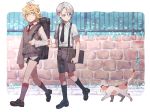  2boys black_legwear blonde_hair blue_eyes cat child collared_shirt fence grass grey_legwear gyuunyuu_(mashika) highres kneehighs loafers male_focus multiple_boys nansen_ichimonji necktie shirt shoes shorts sleeve_tug suspenders sweater_vest touken_ranbu walking white_hair yamanbagiri_chougi yellow_eyes younger 