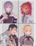  2boys 2girls abs absurdres aiokosaio balthus_(fire_emblem) black_hair blonde_hair cape chain closed_mouth collage constance_(fire_emblem) dark_skin earrings epaulettes fan fire_emblem fire_emblem:_three_houses garreg_mach_monastery_uniform hairband hapi_(fire_emblem) highres jewelry long_hair looking_at_viewer medium_hair midriff multicolored_hair multiple_boys multiple_girls open_clothes open_mouth open_shirt ornament purple_eyes purple_hair red_eyes red_hair short_hair sideburns simple_background smile two-tone_hair uniform upper_body white_background yuri_(fire_emblem) 