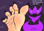  5_toes ambiguous_species black_body black_fur claws digit_ring english_text feet felid female foot_focus fur humanoid_feet jewelry mammal ms._rene&eacute;_l&#039;noire pantherine purple_background ring simple_background soles solo text toe_claws toe_ring toes zp92 