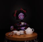  2020 3d_(artwork) anthro arachnid arthropod black_hair clothing cup digital_media_(artwork) doughnut fangs female food hair hi_res looking_at_viewer muffet multi_arm multi_eye multi_limb smile solo spider spider_web tea_cup undertale video_games waeverstan 