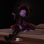  1:1 3d_(artwork) anthro arachnid arthropod black_hair clothing cup digital_media_(artwork) doughnut fangs female food hair hi_res looking_at_viewer muffet multi_arm multi_eye multi_limb smile solo spider tea_cup undertale video_games waeverstan 