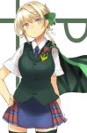  1girl absurdres badge blonde_hair blue_neckwear blue_skirt braid braided_bangs braided_bun cape cloak dress_shirt green_cape green_cloak green_legwear green_vest highres kantai_collection ma_rukan necktie perth_(kantai_collection) plaid plaid_skirt pleated_skirt school_uniform shirt short_hair short_sleeves skirt thighhighs vest white_shirt 