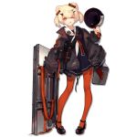  1girl animal_ears arknights bear_ears black_jacket blonde_hair frying_pan gum_(arknights) hair_ornament hair_ribbon hairclip holding_frying_pan jacket long_sleeves official_art one_eye_closed orange_legwear oversized_clothes pale_skin pantyhose puffy_long_sleeves puffy_sleeves pumps red_eyes ribbon sailor_collar sailor_shirt shield shirt skade smile tongue tongue_out white_sailor_collar 