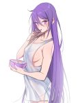  1girl alternate_breast_size alternate_hairstyle blush breasts cereal eating eltnum hair_down highres long_hair melty_blood nekonomlcon no_bra no_legwear purple_eyes purple_hair simple_background sion_eltnam_atlasia solo tank_top tsukihime under_night_in-birth vampire very_long_hair white_background 