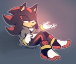  2015 anthro beverage black_body black_fur clothing coffee coffee_mug eulipotyphlan footwear fur gloves grey_background grey_jacket handwear hedgehog holding_beverage holding_mug holding_object jacket male mammal outline red_body red_eyes red_fur shadow_the_hedgehog shoes simple_background sitting solo sonic_the_hedgehog_(series) spacecolonie topwear 