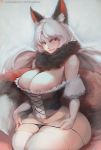  1girl animal_ear_fluff animal_ears black_panties breasts cleavage commission corset fox_ears fox_girl fox_tail fur_collar gray_bear kitsune kyuubi large_breasts legs_together long_hair looking_at_viewer micro_panties multiple_tails naughty_face orange_eyes original panties panty_pull pulled_by_self slender_waist slit_pupils solo tail thick_thighs thighhighs thighs underwear white_hair white_legwear wide_hips 