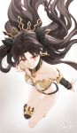  1girl absurdres bandeau bare_shoulders black_hair black_ribbon closed_mouth collarbone commentary_request detached_collar earrings fate/grand_order fate_(series) from_above gradient gradient_background grey_background hair_ribbon highres hoop_earrings ishtar_(fate)_(all) ishtar_(fate/grand_order) jewelry long_hair looking_at_viewer midriff red_eyes ribbon signature single_thighhigh siya_ho smile solo strapless thighhighs thighs tiara tubetop two_side_up white_background 