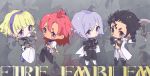  2boys 2girls abs absurdres axe balthus_(fire_emblem) black_hair blonde_hair cape chain chibi closed_mouth constance_(fire_emblem) copyright_name dark_skin earrings epaulettes fan fire_emblem fire_emblem:_three_houses full_body garreg_mach_monastery_uniform hairband hapi_(fire_emblem) highres jewelry long_hair looking_at_viewer medium_hair midriff multicolored_hair multiple_boys multiple_girls open_clothes open_shirt ornament purple_eyes purple_hair red_eyes red_hair short_hair sideburns smile two-tone_hair uenoike_(194753) uniform upper_body weapon yuri_(fire_emblem) 