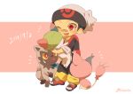  ;d bandaid bandaid_on_face creature dated gen_3_pokemon holding holding_pokemon male_focus one_eye_closed open_mouth pants pokemon pokemon_(creature) pokemon_special poochyena ralts ruby_(pokemon) shoes signature skitty smile tokuura white_headwear 