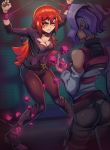  2girls absurdres angry bare_shoulders blush bound bound_wrists breasts cleavage collarbone couple croix_meridies cube highres little_witch_academia long_hair looking_at_another multiple_girls neck one_eye_closed purple_hair red_eyes red_hair shiny_chariot short_hair spandex toasty_scones ursula_charistes yuri 
