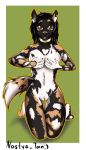  2020 african_wild_dog anthro black_hair black_nose breasts brown_eyes canid canine celina_(bisonbull92) collar collar_only female genitals gold_(metal) gold_collar hair hi_res kneeling mammal nastya_tan navel nipples nude pussy solo 
