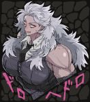  10den 1girl breasts dorohedoro grey_hair highres large_breasts long_hair muscle necktie noi_(dorohedoro) red_eyes silver_hair smile 