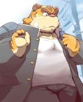  2011 absurd_res anthro bottomwear clothing felid hachirouta hi_res humanoid_hands kemono male mammal outside overweight overweight_male pantherine pants pink_nose shirt solo tiger topwear 